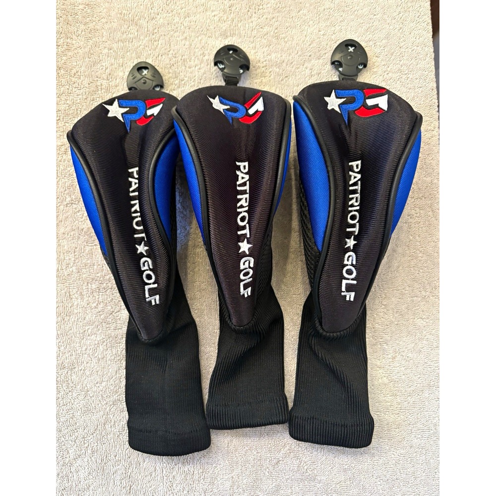 Set of 3 Patriot Golf Fairway Wood Headcovers Black Blue Adjustable Dial Tags